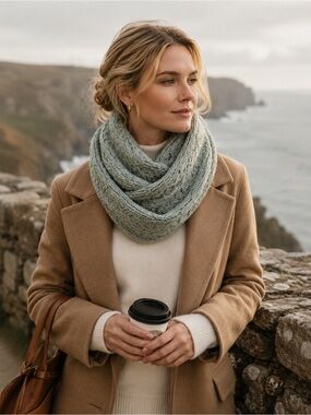 Aran Woollen Mills Merino Wool Infinity Scarf Sea Glass Green Cable Knit Snood